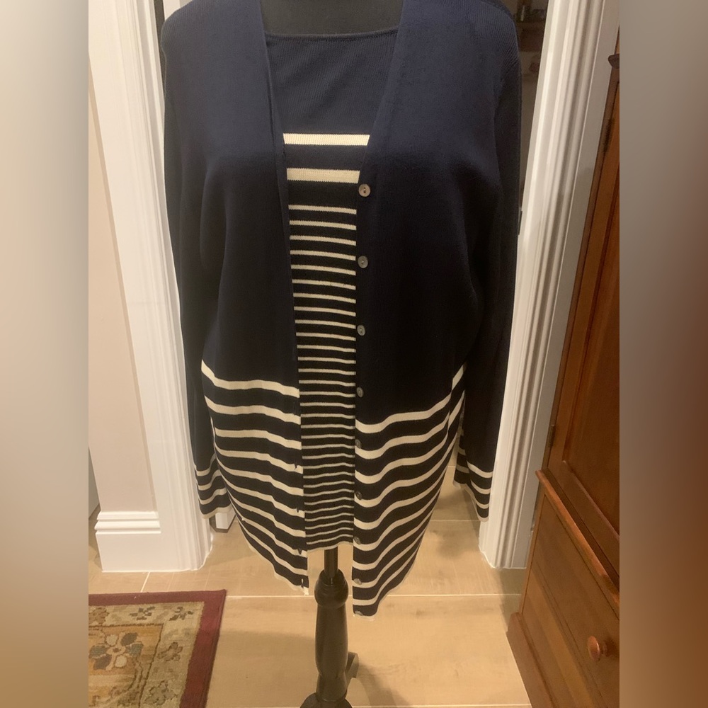 Valerie Stevens Navy and Striped Silk Blend Cardigan Twin Sweater Set